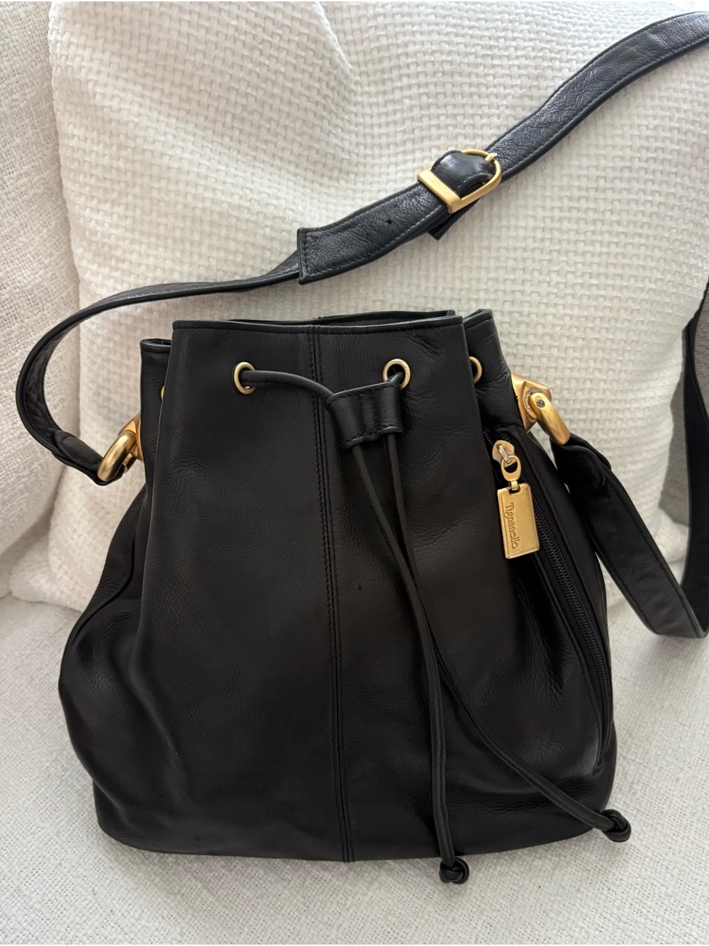 Tignanello Black Leather Drawstring Crossbody with Gold Hardware